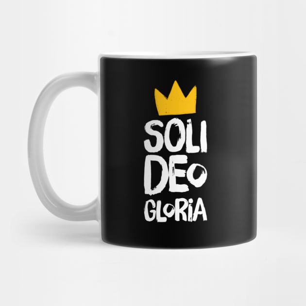 Soli Deo Gloria (All the Glory to God) distressed white text and yellow crown by Selah Shop